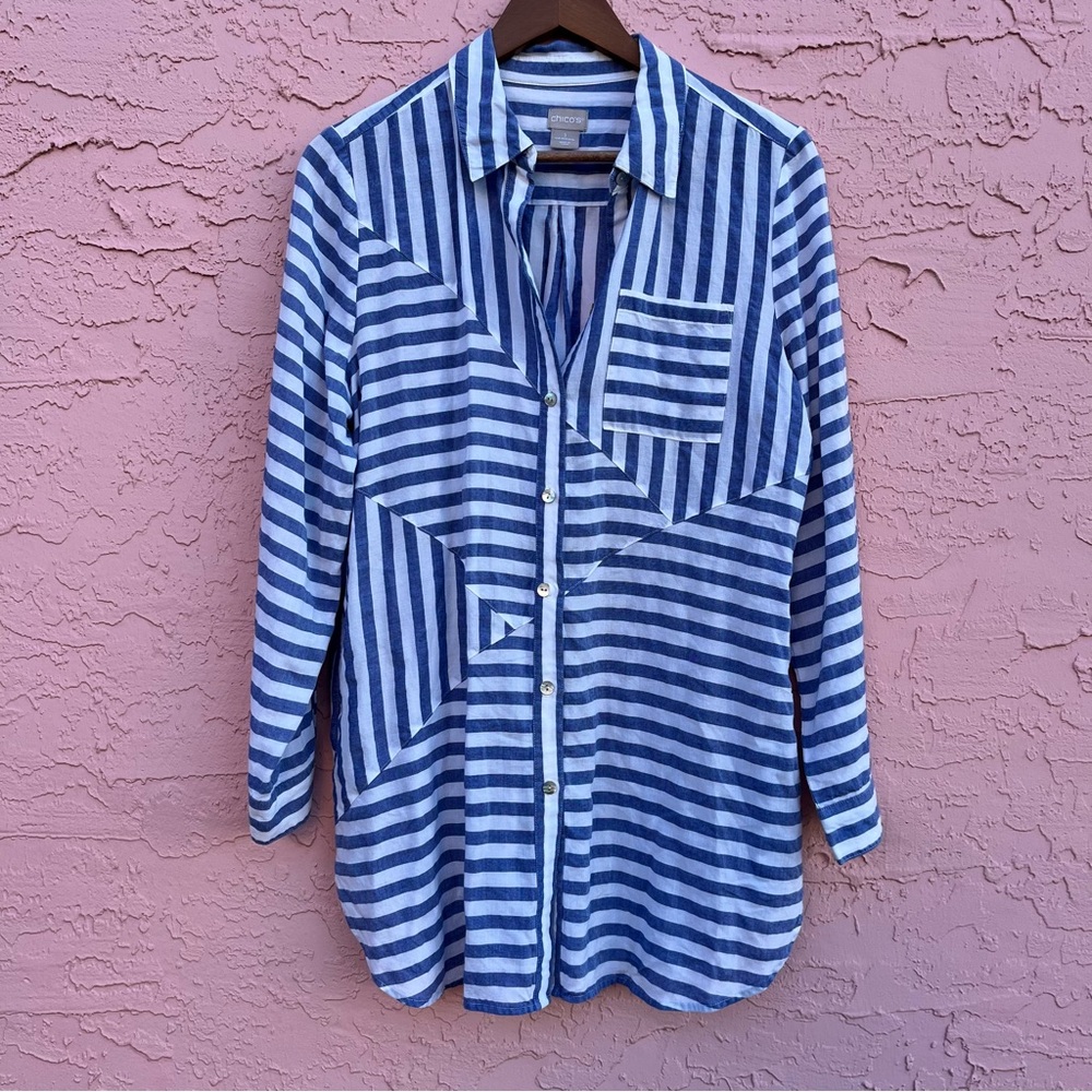 Chico’s Striped Button Up Blouse Blue White Nautical Coastal Sailing